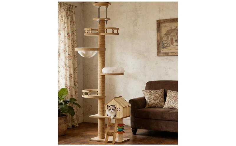 Zeus & Ruta Floor to Ceiling Cat Tree Adjustable Height Wood Tower with Scratching Post Condo Cave Bed Hammock