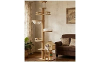 Zeus & Ruta Floor to Ceiling Cat Tree Adjustable Height Wood Tower with Scratching Post Condo Cave Bed Hammock