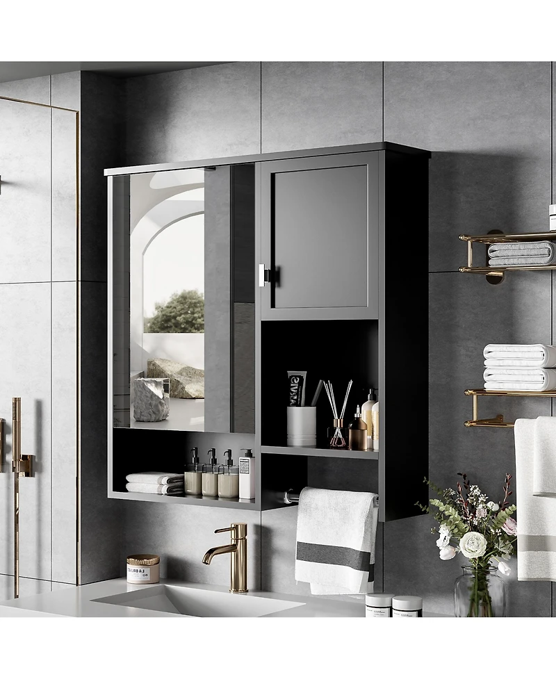 Busdays 29" x 28" Wall Mounted Bathroom Medicine Cabinet with Mirror and Towel Bar