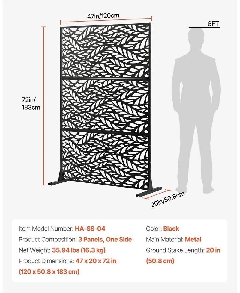 Sugift Metal Privacy Screen, 47" x 72", Freestanding 3-Panel Garden Divider