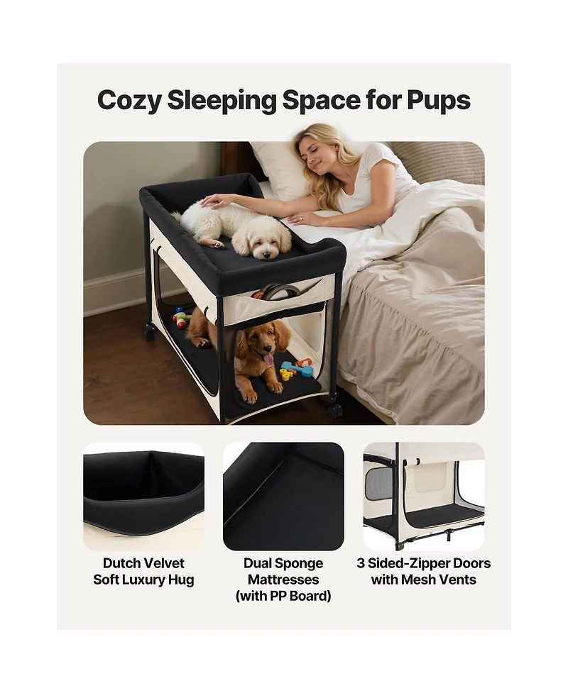 Zeus & Ruta Elevated Cat Lounge Foldable Bunk 600D Oxford Dutch Velvet Cot on Wheels Side Pouches Carry Bag Xl Beige