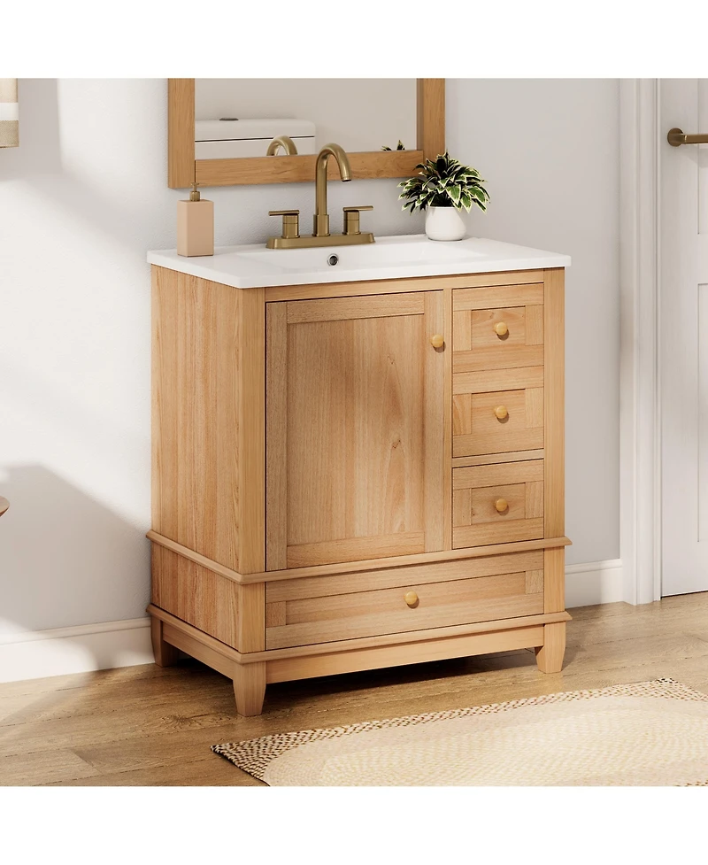 Busdays 30 Inch Natural Wood Color Bathroom Vanity with Ceramic Sink Freestanding Cabinet Solid Rubberwood Legs Soft Close Doors and Drawers