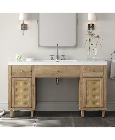 Busdays 60 Inch Bathroom Vanity with Sink Modern Spacious Storage Cabinet Soft Close Drawers Tip Out Tray Solid Wood Legs Silver Knobs Wood Color