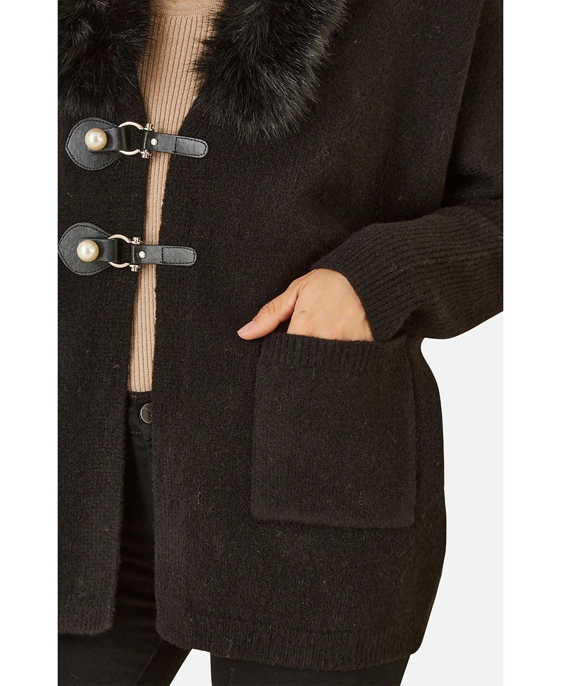 Yumi Women's Detachable Fur Collar Trim Cardigan