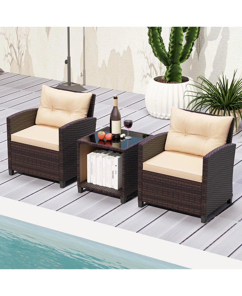 Sugift 3 Piece Patio Wicker Sofa Set with Storage Coffee Table