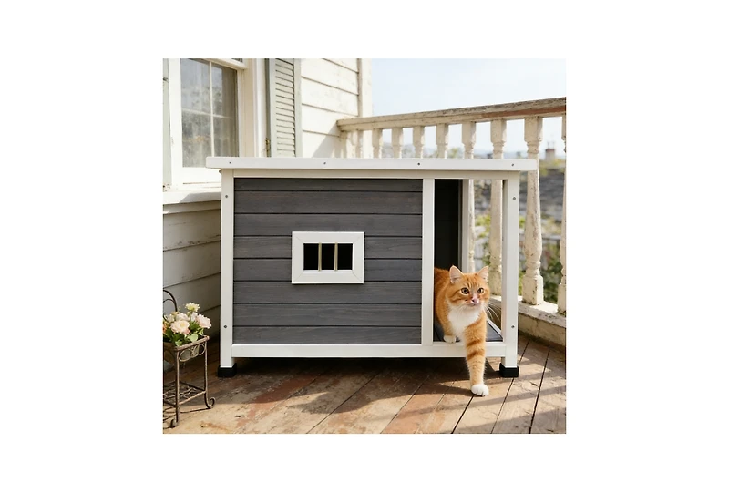 Zeus & Ruta Outdoor Cat House with Wp Roof Vent Windows Metal Support Gray Spacious Stylish Pet Shelter