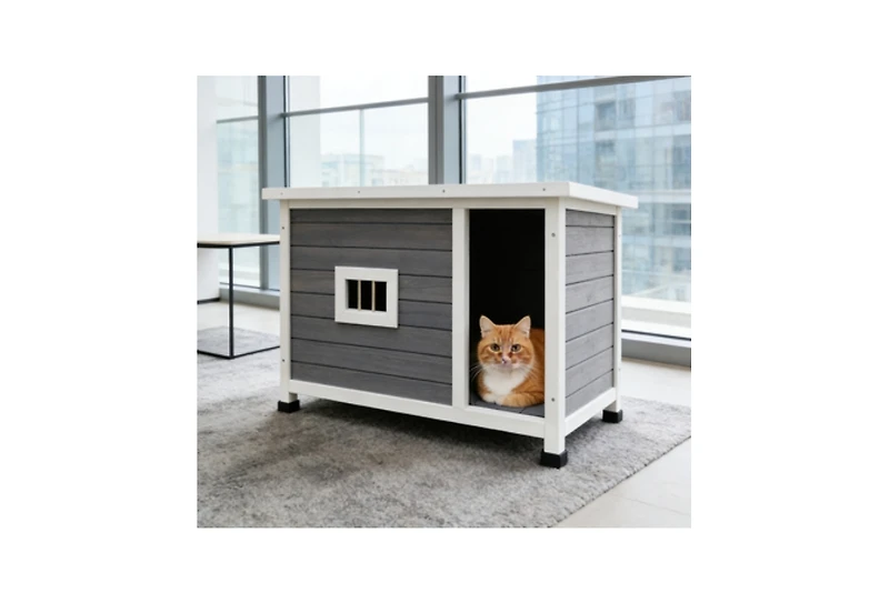Zeus & Ruta Outdoor Cat House with Wp Roof Vent Windows Metal Support Gray Spacious Stylish Pet Shelter