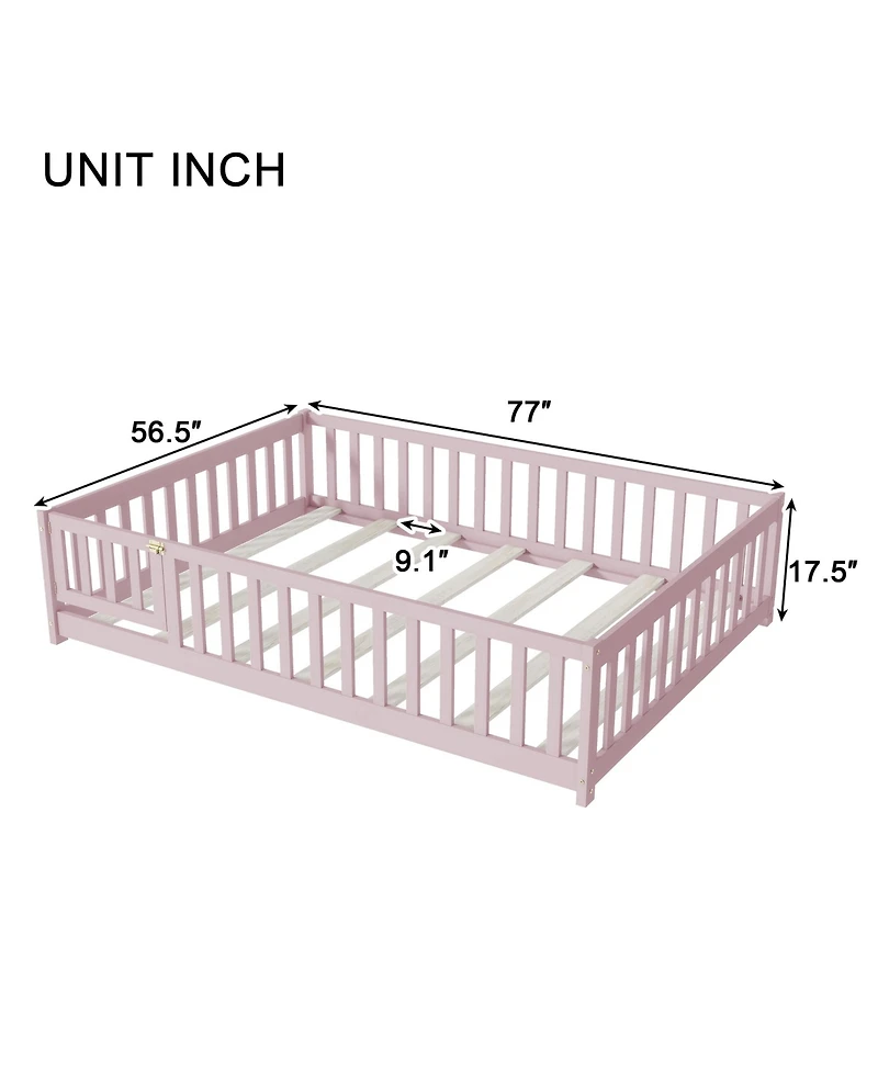Jujabu Full Rubber Wood Floor Bed with Fence Door and Safety Guardrails