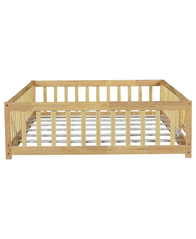 Jujabu Full Rubber Wood Floor Bed with Fence Door and Safety Guardrails