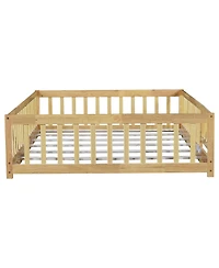 Jujabu Full Rubber Wood Floor Bed with Fence Door and Safety Guardrails