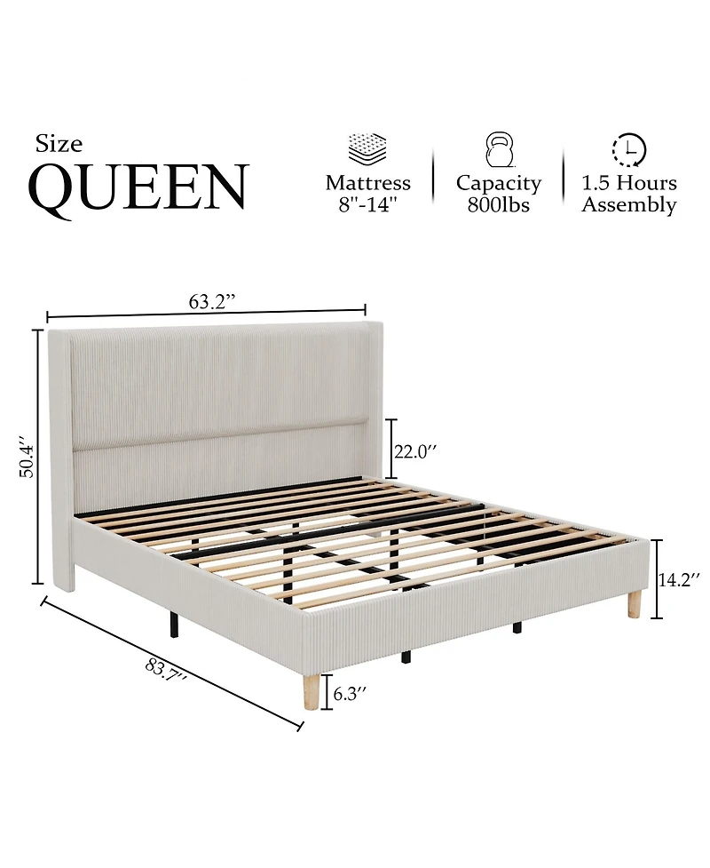 Homfan Upholstered Platform Bed Frame – Corduroy Vertical Channel Tufted Wingback Headboard