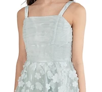 Rare Editions Girls' 7-16 3D Flower Glitter Mesh Ruched Bodice Dress
