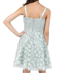 Rare Editions Girls' 7-16 3D Flower Glitter Mesh Ruched Bodice Dress
