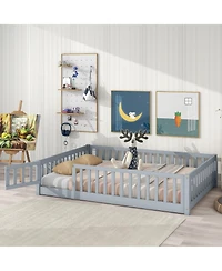 Jujabu Full Rubber Wood Floor Bed with Fence Door and Safety Guardrails