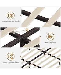 Homfan Bed Frame with Led Lights and Charging Station, Velvet Upholstered and Nailhead Trim Wingback