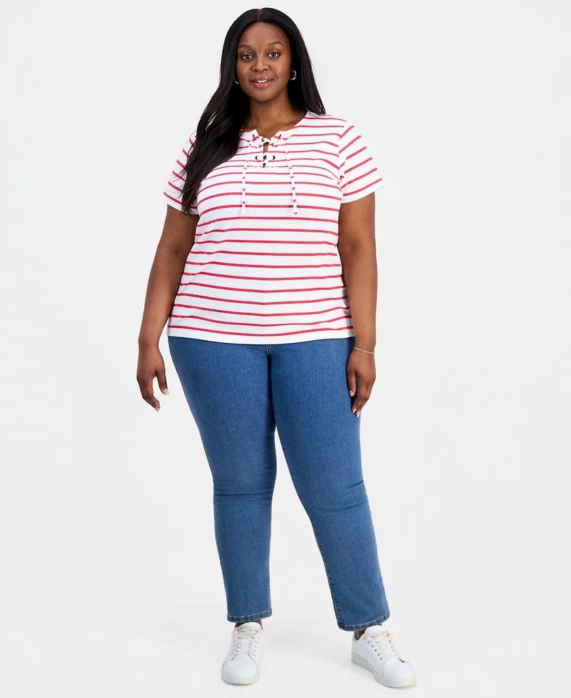 Style & Co Plus Striped Lace-Up Short-Sleeve Top, Macy's Exclusive