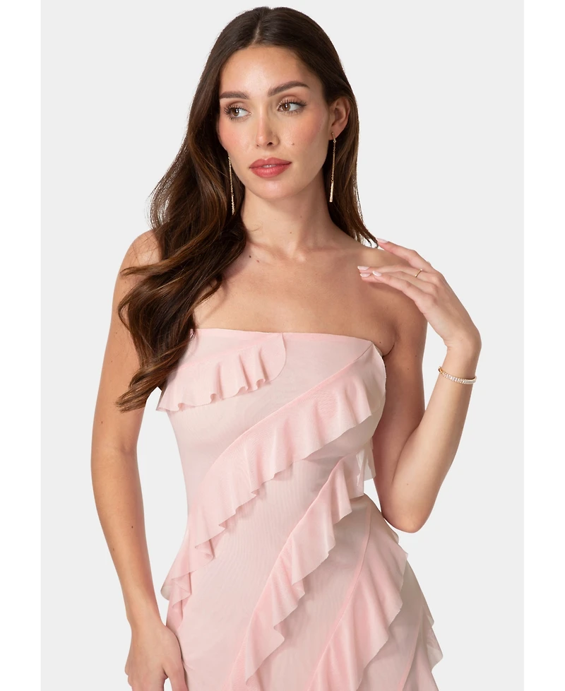 Bebe Women's Strapless Mesh Ruffle Maxi Dress