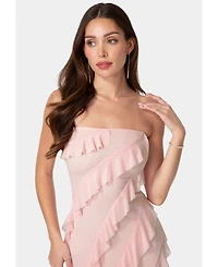 Bebe Women's Strapless Mesh Ruffle Maxi Dress