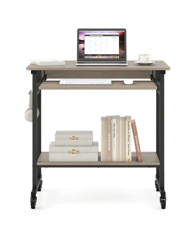 Gouun Rolling Computer Table with Pull-out Keyboard Tray and Storage Hooks