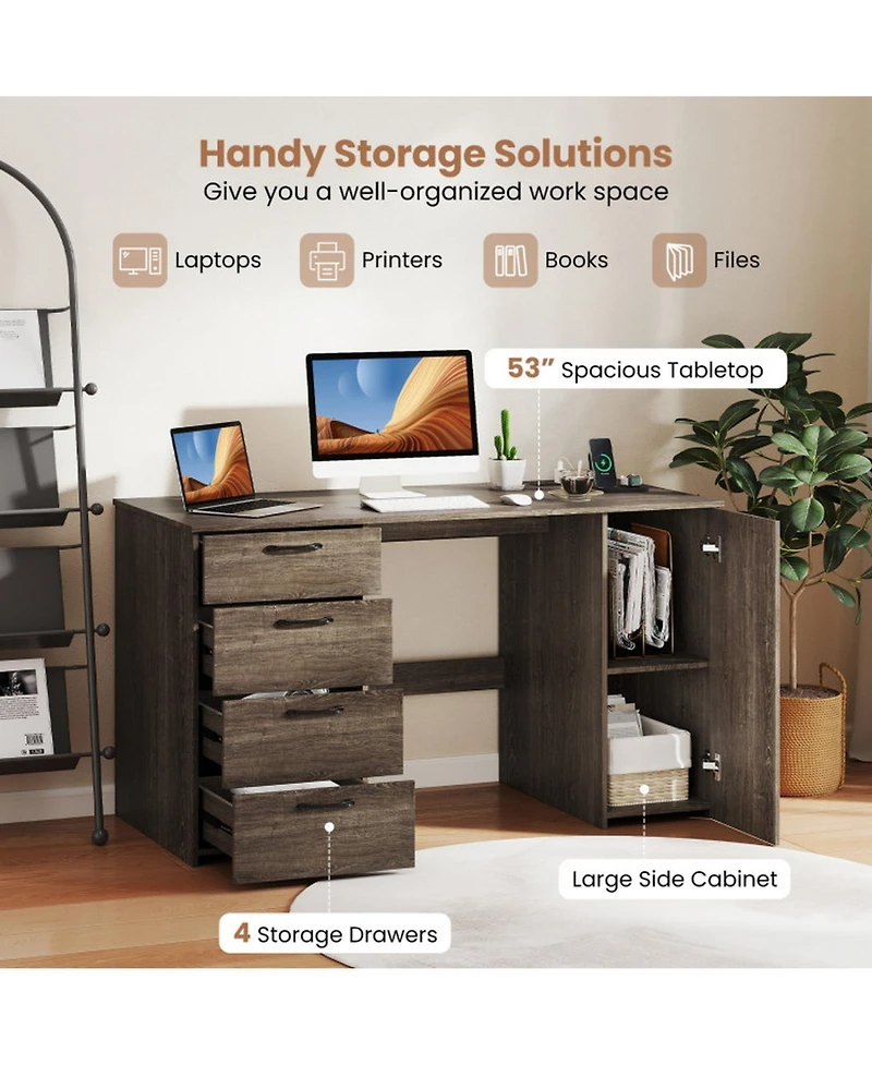 Gouun 53 in Computer Desk with Power Outlets, 4 Storage Drawers and Adjustable Shelf