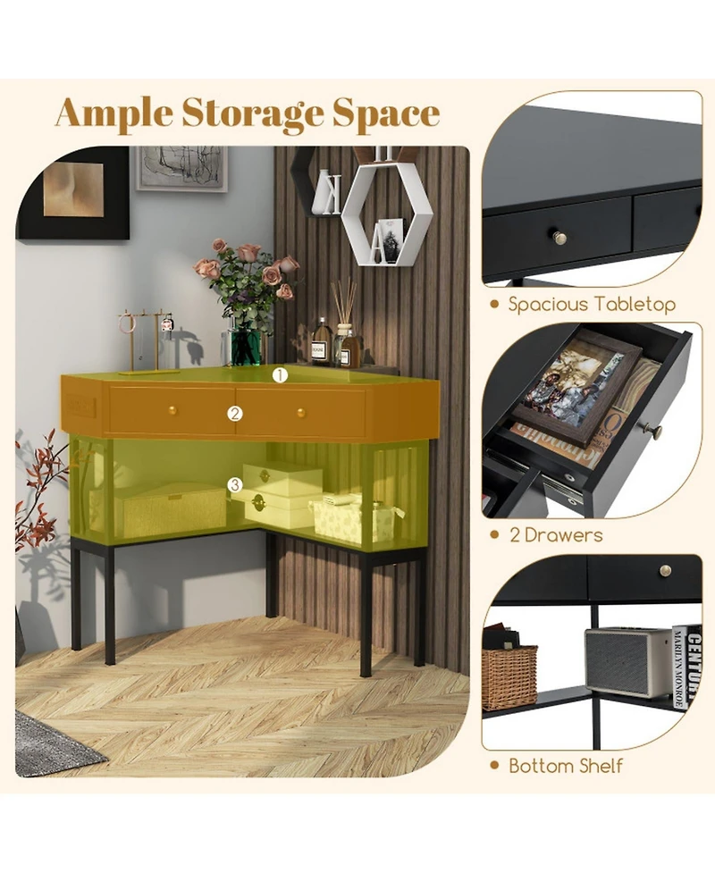 Gouun Triangle Corner Desk with Charging Station, 2 Drawers and Storage Shelf