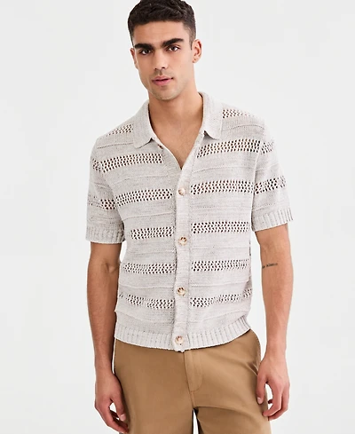 Sun + Stone Men's Striped Open-Stitch Button Sweater, Macy's Exclusive