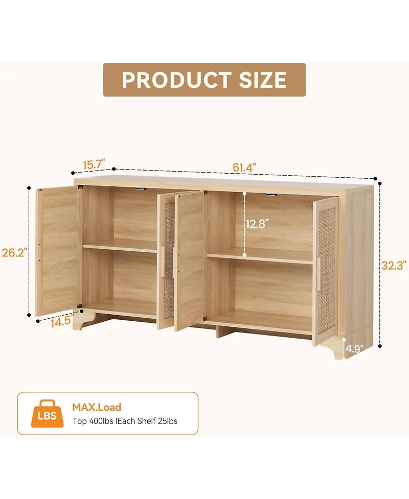 4-Door Boho Sideboard Buffet Cabinet, Natural Rattan Storage, Entryway Console or Coffee Bar Table for Dining Room, Living Kitchen,