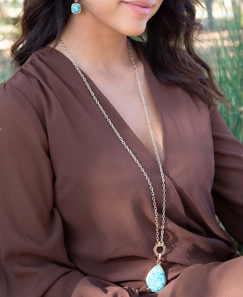 Barse Genuine Blue Turquoise Roped Golden Bronze Pendant Necklace