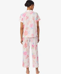 Lauren Ralph Women's Short-Sleeve Notch Collar Cropped Pant Pajama Set