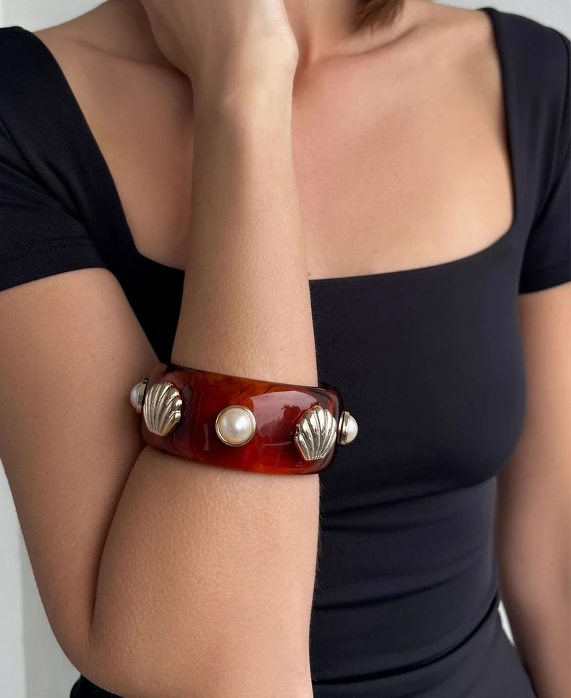 Adornia Shell and Pearl-Studded Tortoise Bangle Bracelet