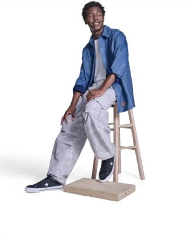 Converse Mens Collared Jersey Denim Shirt Box Logo Tee Paired With The Box Pattern Wide Leg Cargo Pants