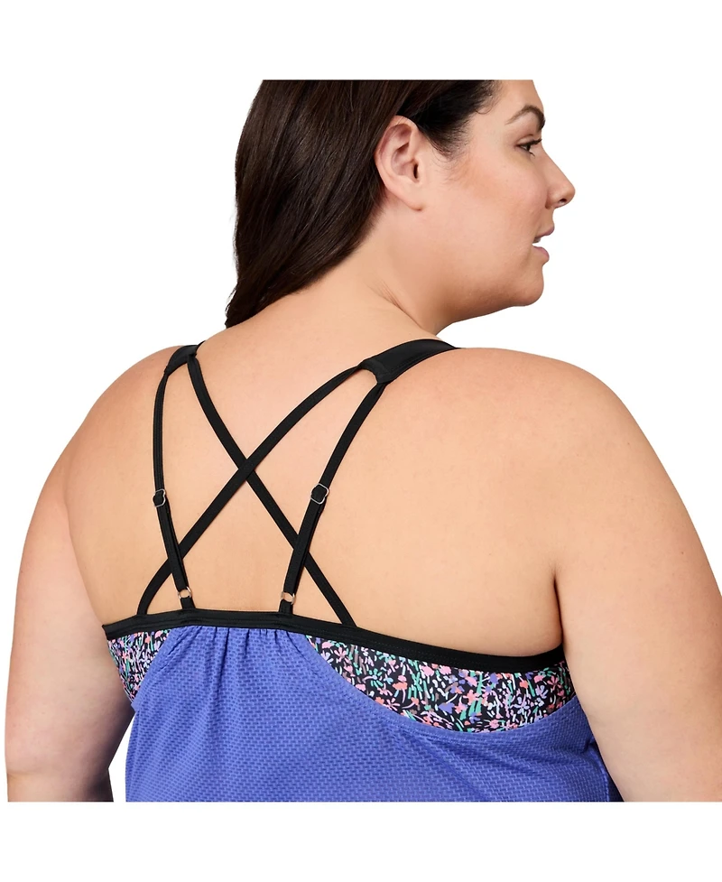 Free Country Plus Textured Mesh Side Tie Blouson Tankini Top