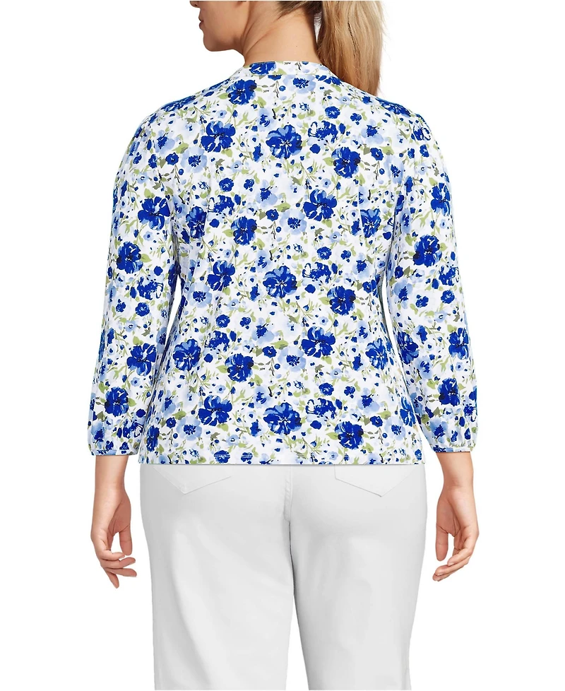 Lands' End Plus Lightweight Jersey Button Pintuck Top