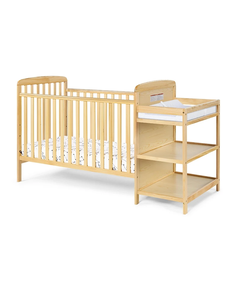 Jujabu 2 in 1 Crib and Changing Table Combo Natural Solid Wood Converts to Toddler Bed
