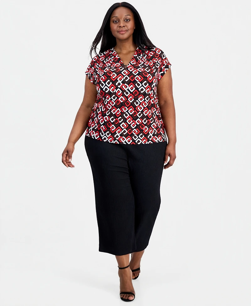 Anne Klein Plus Pleated V-Neck Cap-Sleeve Top