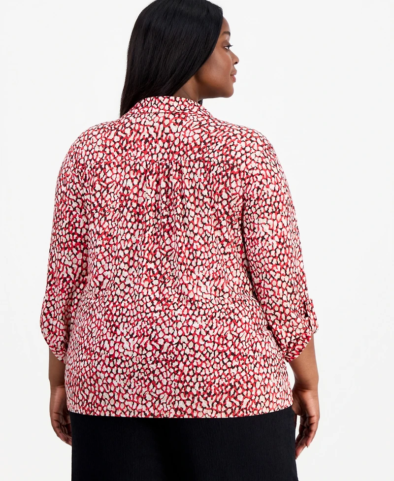 Anne Klein Essentials Plus Printed 3/4 Scrunch-Tab-Sleeve Blouse