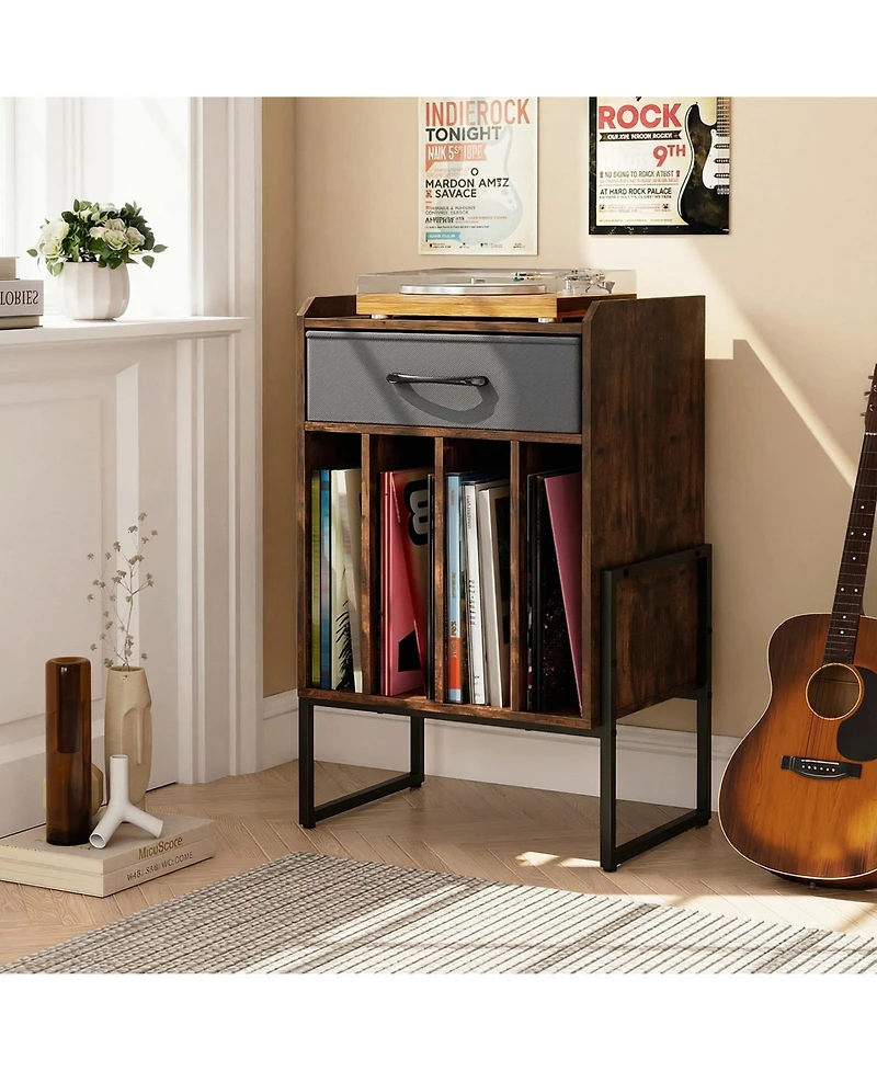 Sugift Record Player Stand with Drawer and Record Holder-Rustic