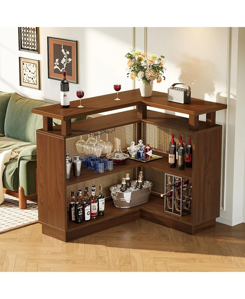 Tribesigns L Shaped Bar Table with 4-Tier Storage Shelf, Rattan Home Bar Unit with 2 Stemware Racks, Corner Mini Coffee Liquor Cabinet