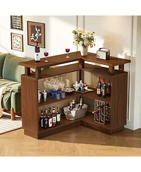 Tribesigns L Shaped Bar Table with 4-Tier Storage Shelf, Rattan Home Bar Unit with 2 Stemware Racks, Corner Mini Coffee Liquor Cabinet