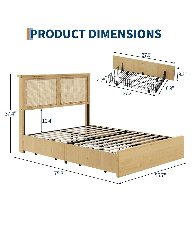 gaomon Bohemian Platform Bed Frame with Rattan Storage Headboard, Adjustable Led Lights, Wooden Support Legs, No Box Spring Needed