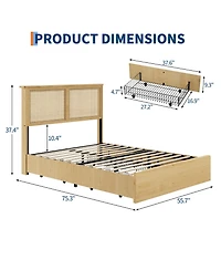 gaomon Bohemian Platform Bed Frame with Rattan Storage Headboard, Adjustable Led Lights, Wooden Support Legs, No Box Spring Needed