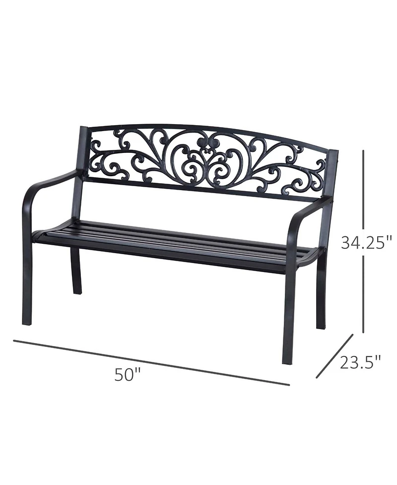Clihome 50" Outdoor Bench, Metal Garden Bench with Floral Pattern Backrest, Porch Bench