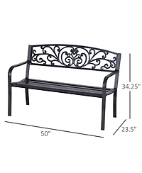 Clihome 50" Outdoor Bench, Metal Garden Bench with Floral Pattern Backrest, Porch Bench