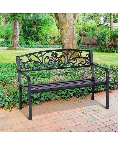 Clihome 50" Outdoor Bench, Metal Garden Bench with Floral Pattern Backrest, Porch Bench