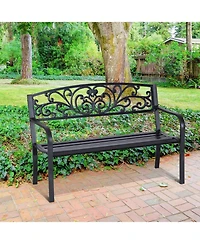 Clihome 50" Outdoor Bench, Metal Garden Bench with Floral Pattern Backrest, Porch Bench