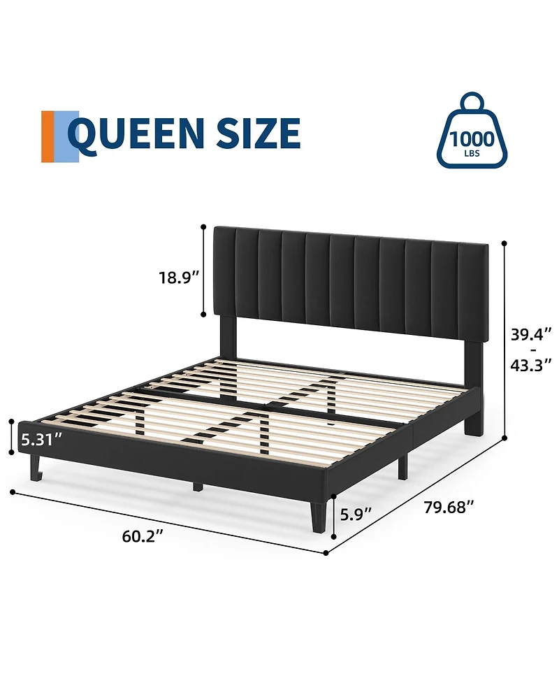 Homfan Platform Bed Frame and Velvet Upholstered Headboard with Adjustable Vertical Channel Tufted Headboard, No Box Spring Needed