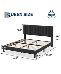 Homfan Platform Bed Frame and Velvet Upholstered Headboard with Adjustable Vertical Channel Tufted Headboard, No Box Spring Needed
