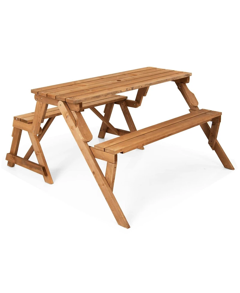 Sugift 2 in 1 Transforming Wooden Picnic Table Bench with Umbrella Hole