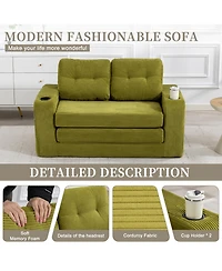 Rainsken Fold Out Convertible Sofa Bed, Comfortable Corduroy Loveseat Floor Sofa with Cup Holders and Pillows for Living Room and Small Spaces