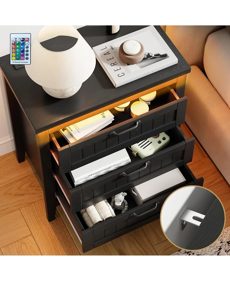 gaomon Farmhouse Drawer Dresser with Charging Station and Led Lights